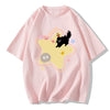 Casual oversized yellow t-shirt featuring a playful cartoon black cat and star print - Boogzel Clothing