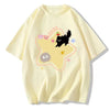 Casual oversized yellow t-shirt featuring a playful cartoon black cat and star print - Boogzel Clothing