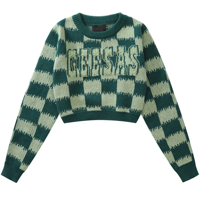 checkered fuzzy crop sweater boogzel apparel