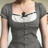 Coquette Aesthetic Grey   Rib Top with polka dot insert with bow