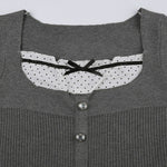 Coquette Aesthetic Grey   Rib Top with polka dot insert with bow