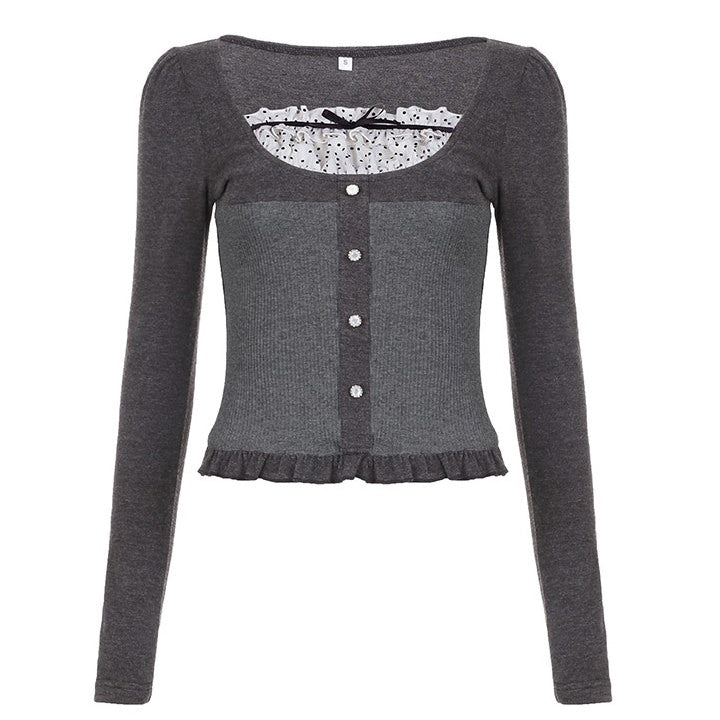 Coquette Aesthetic Grey Long Sleeve Top with bow