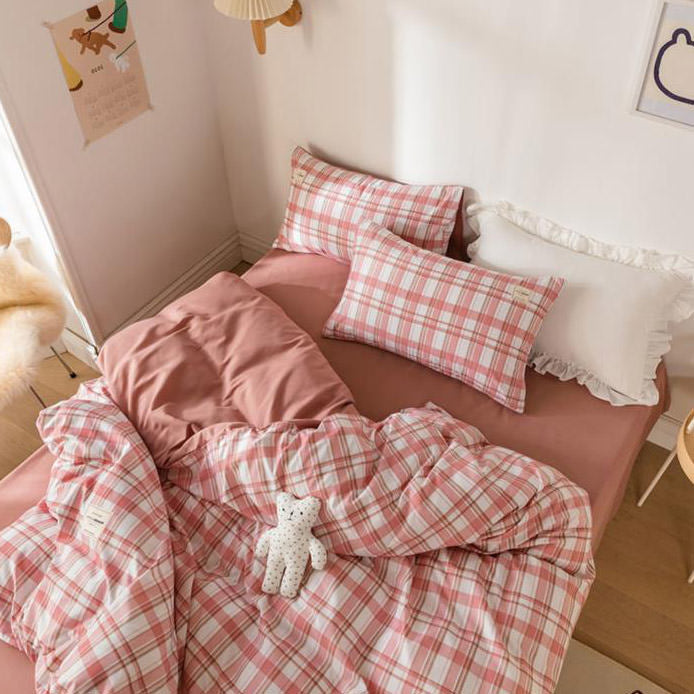 pink plaid aesthetic bedding set boogzel apparel