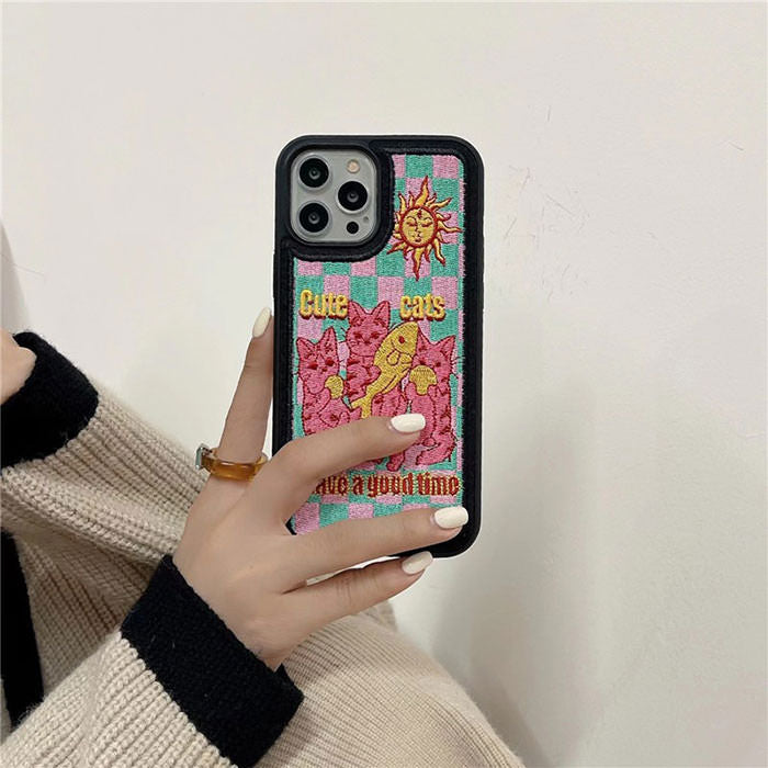 Cute Cats Embroidery iPhone Case