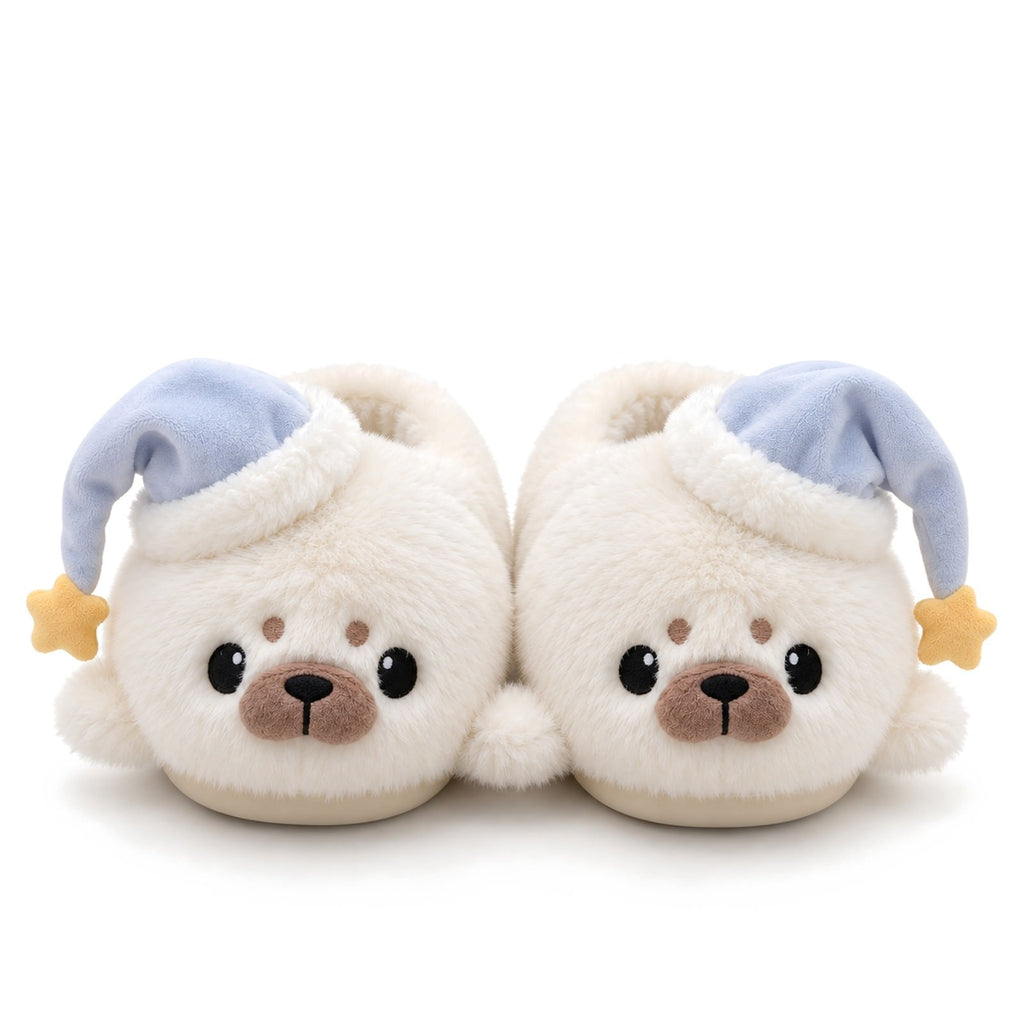 White Seal Slippers Cute Fluffy Seal House Slippers with Blue Nightcap Kawaii Plush Slippers Gift for Girl boogzel clothing