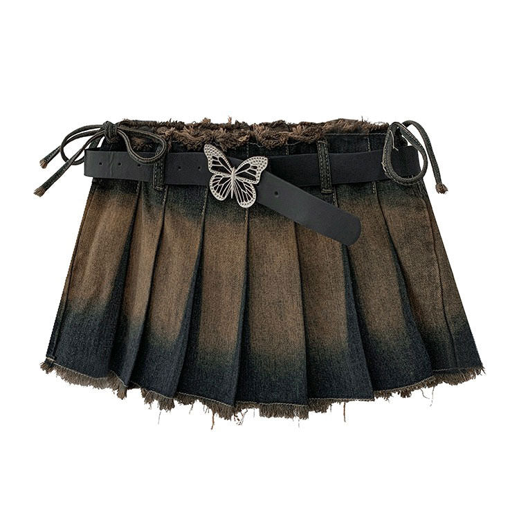 Denim Distressed Pleated Mini Skirt aesthetic clothes boogzel