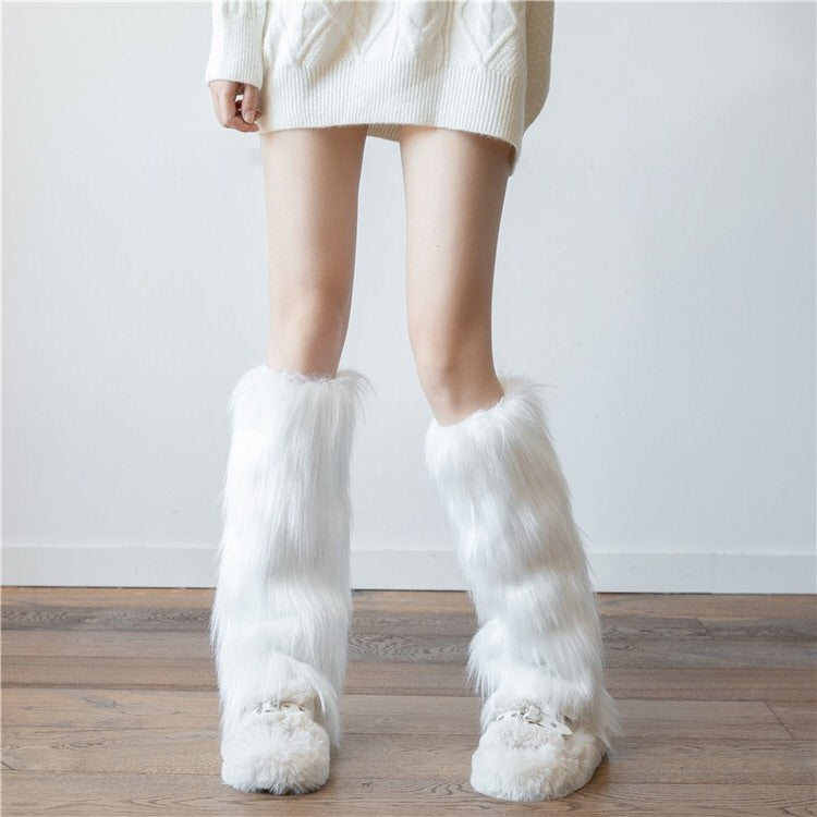 white Faux Fur Leg Warmers- y2k aesthetic clothing - boogzel clothing