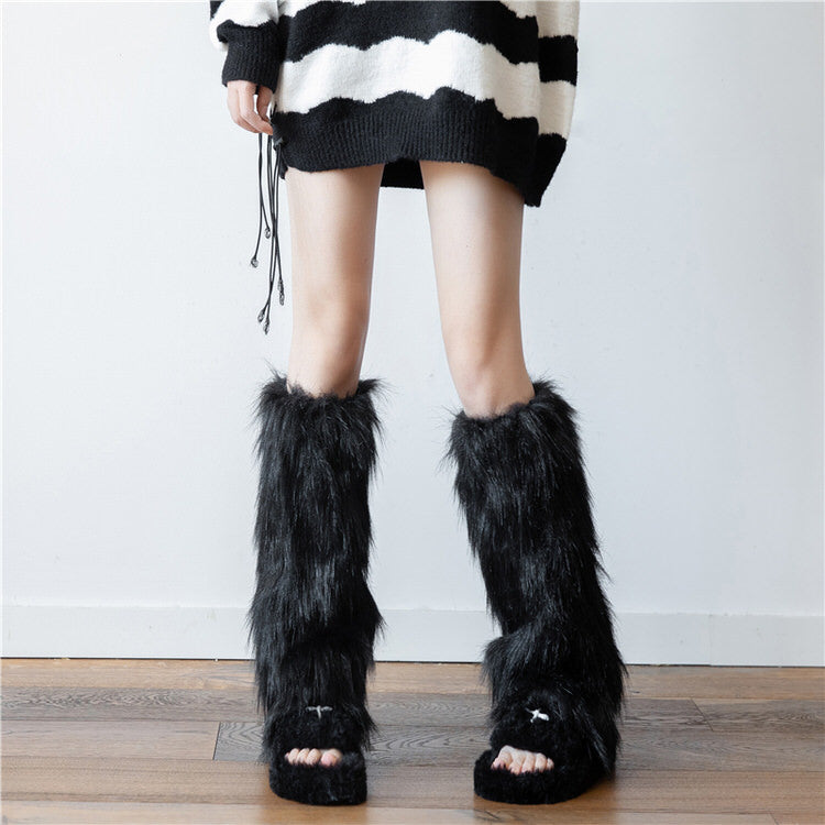 black Faux Fur Leg Warmers- y2k aesthetic clothing - boogzel clothing