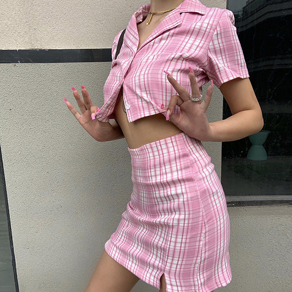 pink plaid top skirt set boogzel apparel