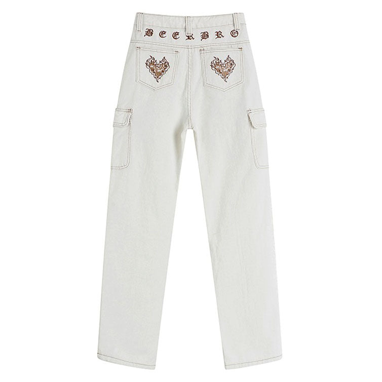 Heart Embroidery Cargo Jeans