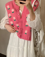 Pink Cottagecore Floral Embroidered Knit Vest - Aesthetic Outfits - Boogzel Clothing