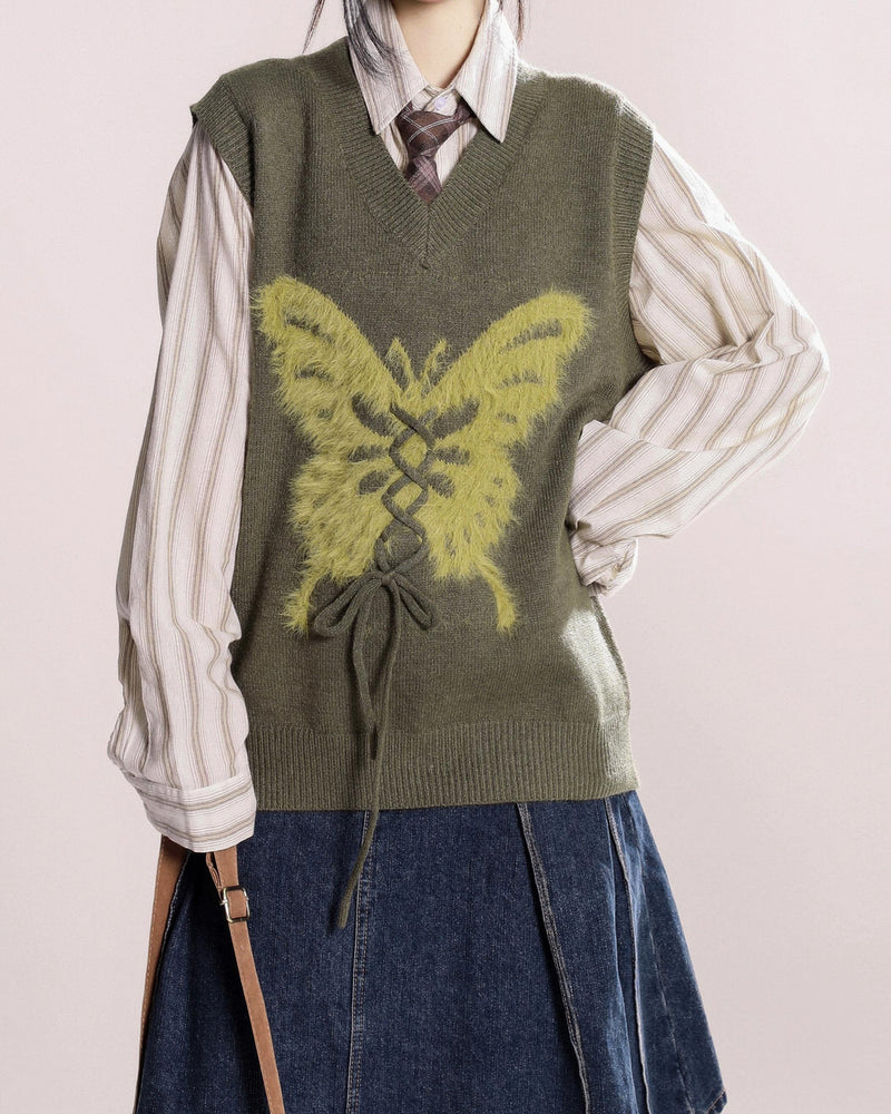 Olive green aesthetic vest butterfly print - boogzel clothing