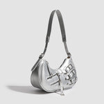 ule Breakers Y2K Shoulder Bag features a sleek silver design with multiple buckle straps and zippers