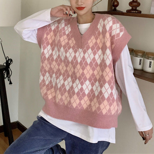 Pink Argyle Knit Cardigan boogzel apparel
