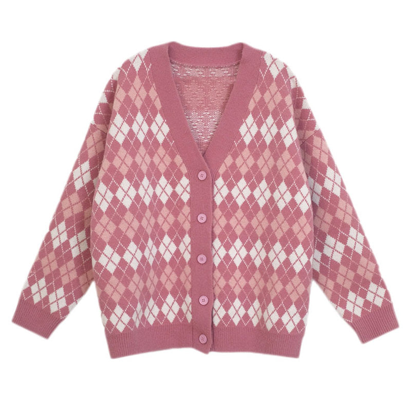 Pink Argyle Knit Cardigan boogzel apparel