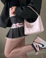 Coquette Pinstripe  Micro-Mini Skirt with pink ribbon and bow - boogzel clothing