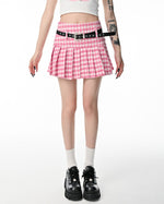 Plaid pleated mini skirt in pink, featuring a high waist and structured pleats for a classic, preppy look - boogzel clothing