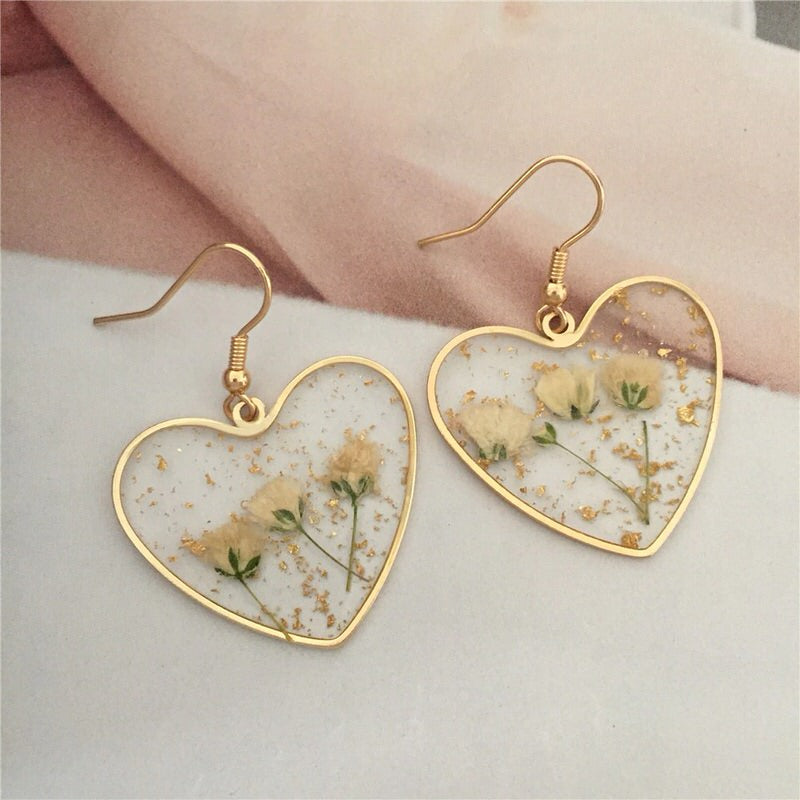 Pressed Flower Heart Earrings