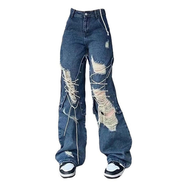 Ripped Lace Up Baggy Jeans