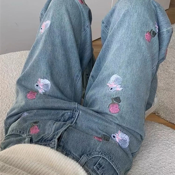 rose and bunny embroidery jeans boogzel clothing
