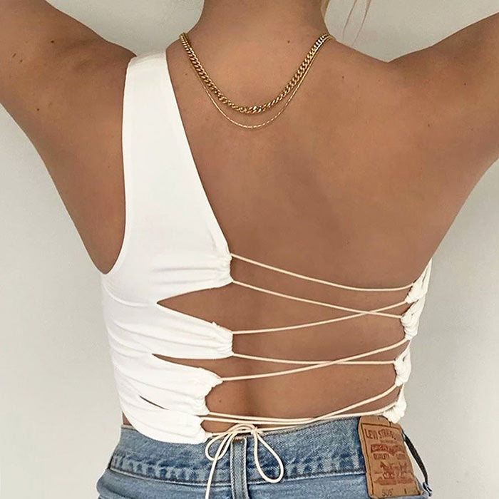 white lace up crop top boogzel apparel