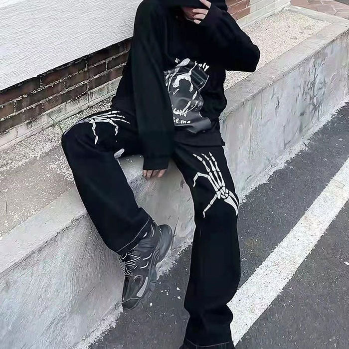 Skeleton Hands Embroidery Jeans boogzel apparel