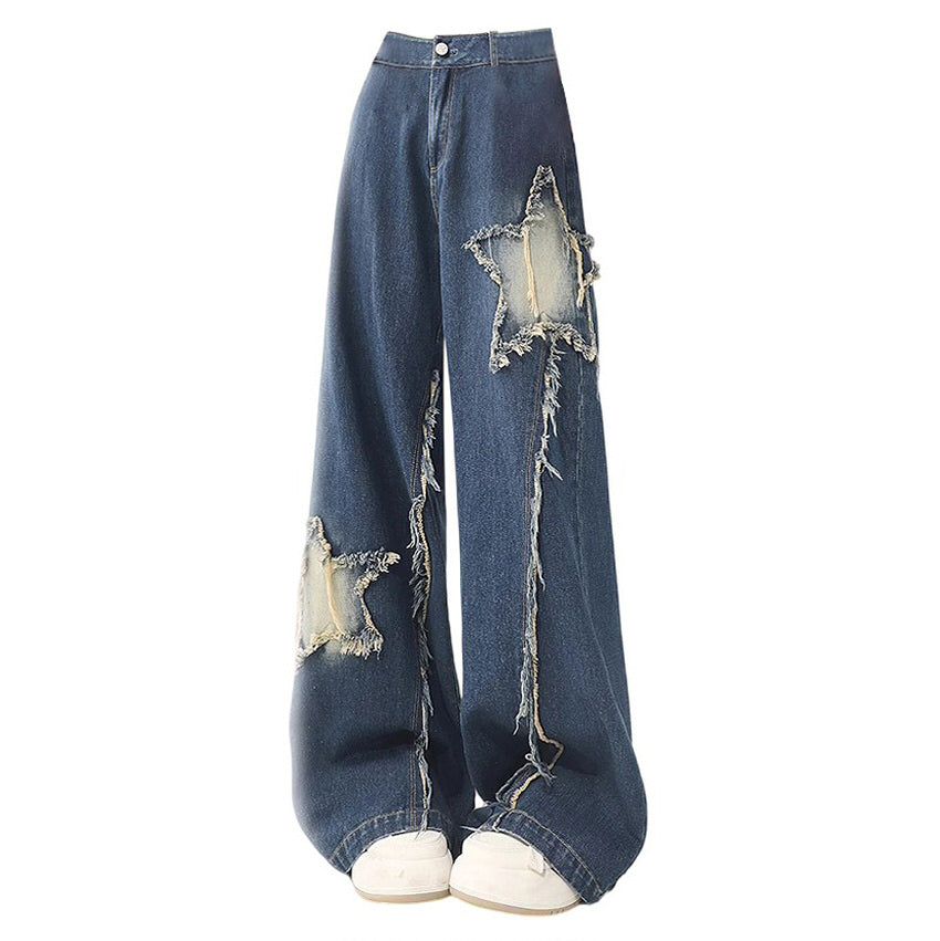 Star Patch Wide Leg Jeans - women jeans - boogzel clothing