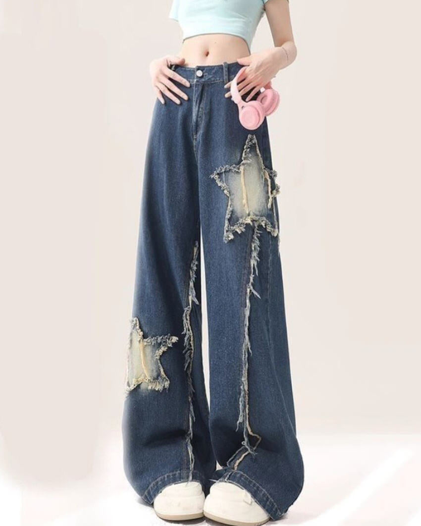 Star Patch Wide Leg Jeans - women jeans - boogzel clothing