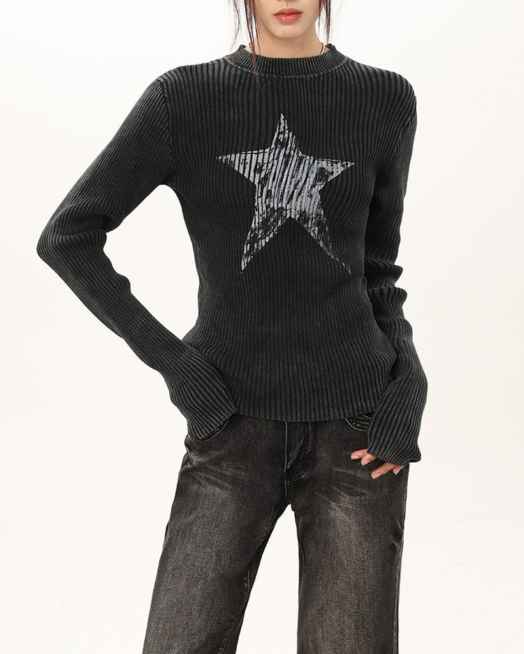 Star Print Ribbed Long Sleeve Top - Boogzel Clothing