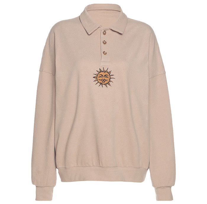 Sun Embroidery Button Up Sweatshirt boogzel apparel