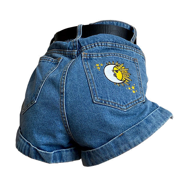 sun moon embroidered shorts boogzel apparel