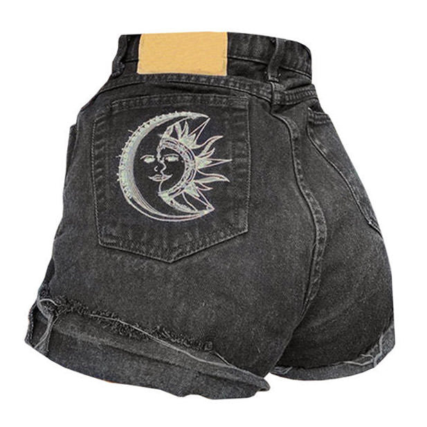 Grunge Sun & Moon Black Denim Shorts  jean jeans