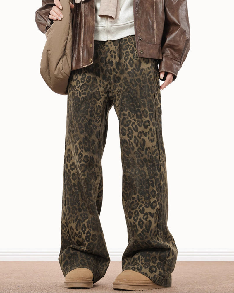 These aesthetic oversized jeans feature a leopard pattern and wide-leg design - boogzel clothing 