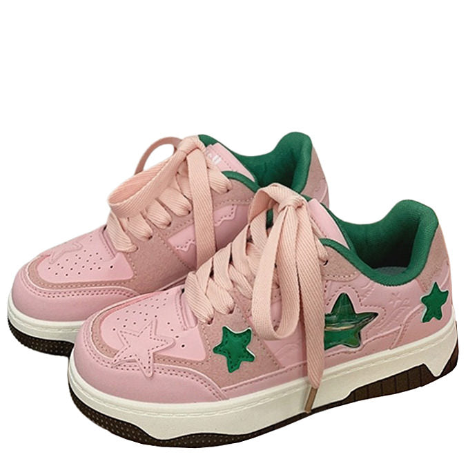 These cute pink sneakers have a vegan leather upper with an aesthetic jelly star design, a low ankle rise and a lace up in front - boogzel clothing