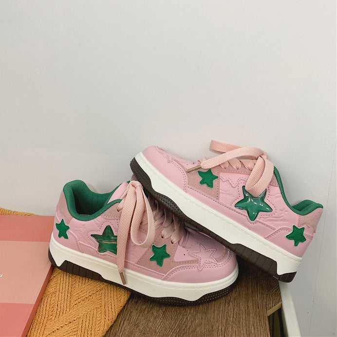 These cute pink sneakers have a vegan leather upper with an aesthetic jelly star design, a low ankle rise and a lace up in front - boogzel clothing