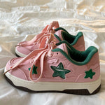 These cute pink sneakers have a vegan leather upper with an aesthetic jelly star design, a low ankle rise and a lace up in front - boogzel clothing