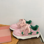 These cute pink sneakers have a vegan leather upper with an aesthetic jelly star design, a low ankle rise and a lace up in front - boogzel clothing