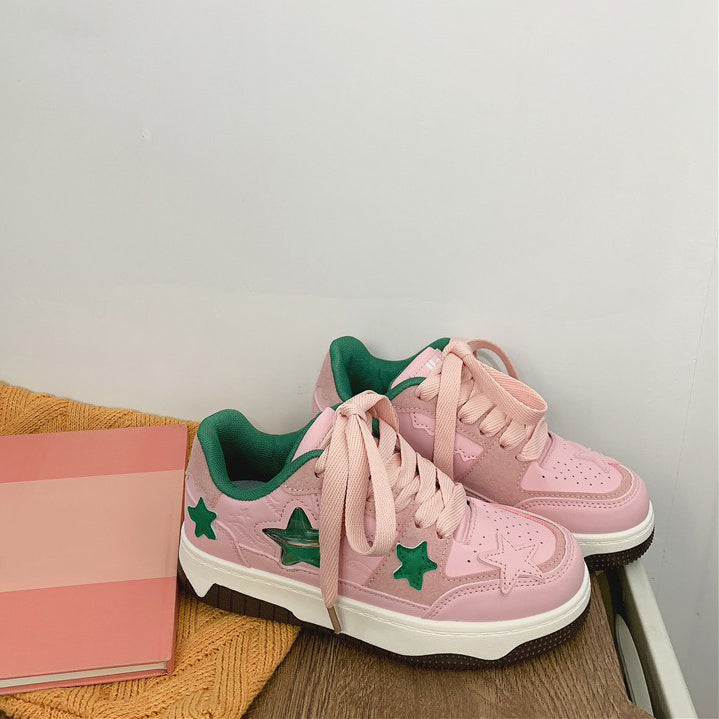 These cute pink sneakers have a vegan leather upper with an aesthetic jelly star design, a low ankle rise and a lace up in front - boogzel clothing