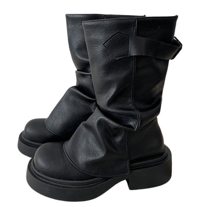 These stylish slouchy leather boots feature a soft, relaxed construction with a comfortable platform sole and buckle strap detailing at the side - boogzel clothing