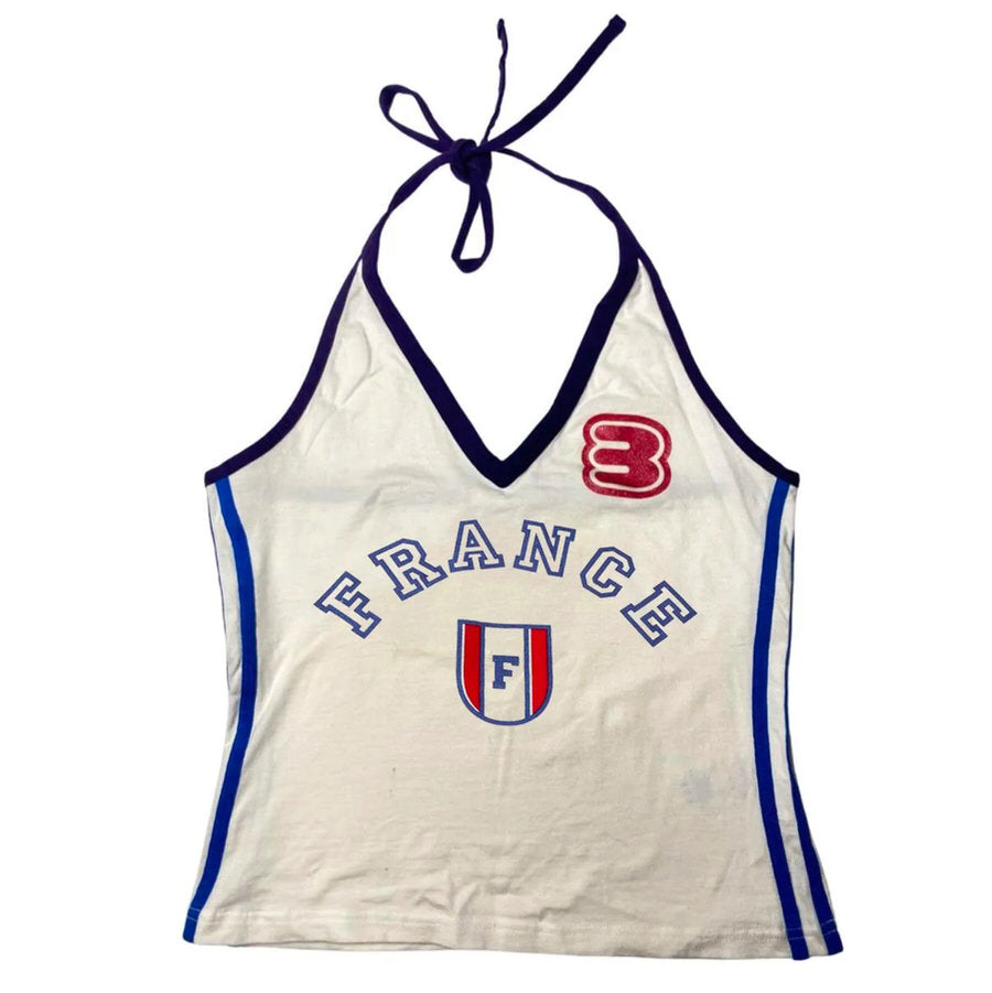 This Nostalgic France Halter Tank brings back 90s fashion with "FRANCE" lettering and a French shield emblem. The halter neck design is perfect for a retro aesthetic look