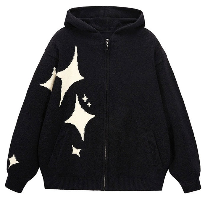 This Star Girl aesthetic hoodie features an oversized fit, zip-up closure, and bold star patterns on the front and sleeves - boogzel cloting