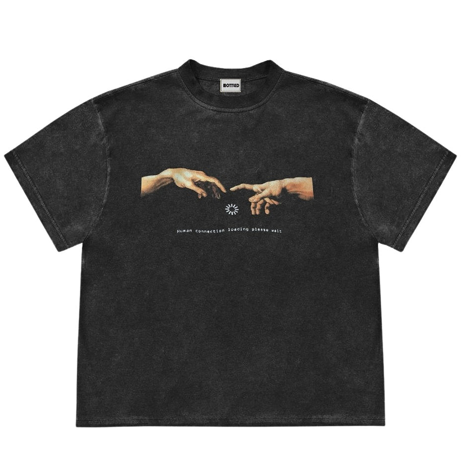 This aesthetic oversized tee features the graphic text "Human connection loading, please wait." Soft and relaxed for casual wear. - boogzel clothing