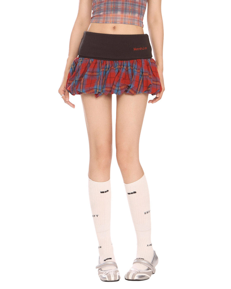 This cute balloon skirt features a layered plaid fabric with a contrast waistband - boogzel clothing