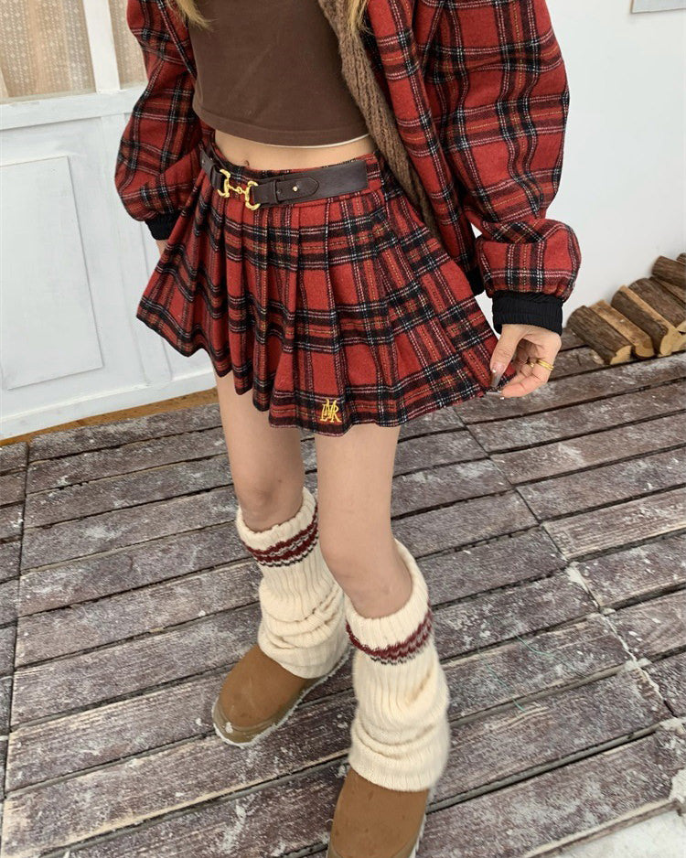 This preppy aesthetic mini skirt features plaid fabric with a pleated construction, complete with a matching faux leather belt - boogzel clothing