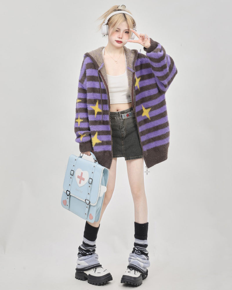 This star print aesthetic knit hoodie features an oversized fit, purple and brown stripes, and yellow star accents. The front zip closure includes a star detail for added style - boogzel clothing