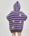 This star print aesthetic knit hoodie features an oversized fit, purple and brown stripes, and yellow star accents. The front zip closure includes a star detail for added style - boogzel clothing