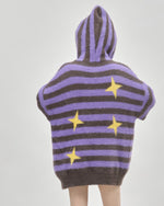 This star print aesthetic knit hoodie features an oversized fit, purple and brown stripes, and yellow star accents. The front zip closure includes a star detail for added style - boogzel clothing