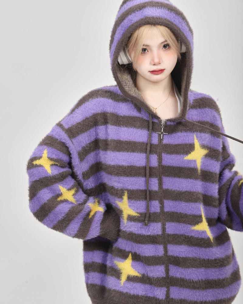 This star print aesthetic knit hoodie features an oversized fit, purple and brown stripes, and yellow star accents. The front zip closure includes a star detail for added style - boogzel clothing