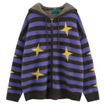 This star print aesthetic knit hoodie features an oversized fit, purple and brown stripes, and yellow star accents. The front zip closure includes a star detail for added style - boogzel clothing