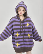 This star print aesthetic knit hoodie features an oversized fit, purple and brown stripes, and yellow star accents. The front zip closure includes a star detail for added style - boogzel clothing